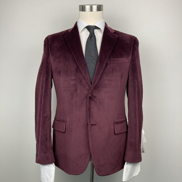 Bar III Mens Sport Coat Velvet Maroon Slim Fit Blazer Jacket Size 38S F01157